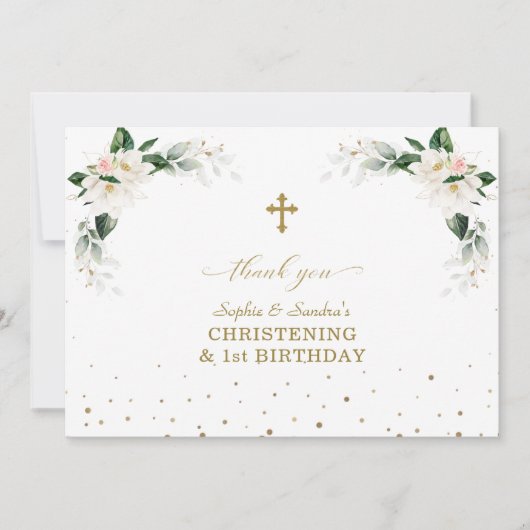 ホワイトマグノリアツインズ1st誕生日《キリスト教》洗礼式や命名式 サンキューカード (正面)