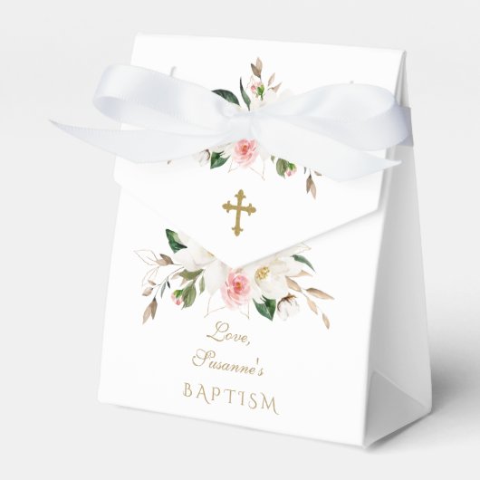 ホワイトマグノリアピンクの花金ゴールドクロスバプテスマ フェイバーボックス (正面サイド)