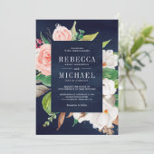 ホワイトマグノリアピンクフローラオールインワンネイビー結婚ズ 招待状 (スタンド正面)