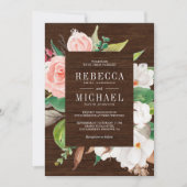 ホワイトマグノリアピンクフローラオールインワン結婚ウッド 招待状 (正面)