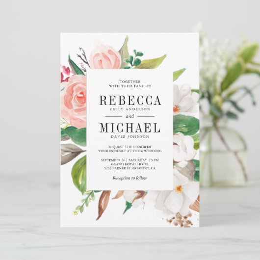 ホワイトマグノリアピンクフローラ結婚すべて 招待状 (スタンド正面)