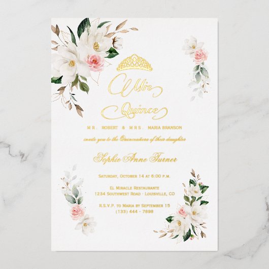 ホワイトマグノリアピンク実在フローラホイルキンセアニラ 箔招待状 (正面)