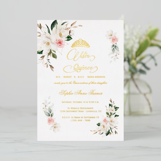 ホワイトマグノリアピンク実在フローラホイルキンセアニラ 箔招待状 (立ち正面)