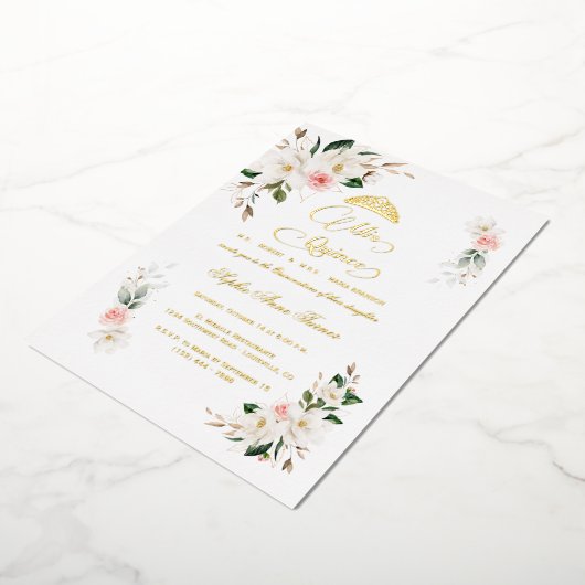 ホワイトマグノリアピンク実在フローラホイルキンセアニラ 箔招待状 (回転した状態)