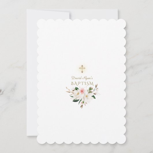 ホワイトマグノリアピンク金ゴールドフローラブルーボーイバプテスマ 招待状 (裏面)