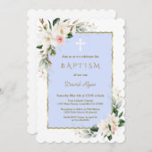 ホワイトマグノリアピンク金ゴールドフローラブルーボーイバプテスマ 招待状 (正面/裏面)