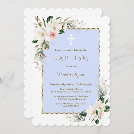 ホワイトマグノリアピンク金ゴールドフローラブルーボーイバプテスマ 招待状 (正面/裏面)