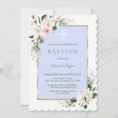 ホワイトマグノリアピンク金ゴールドフローラブルーボーイバプテスマ 招待状 (正面)