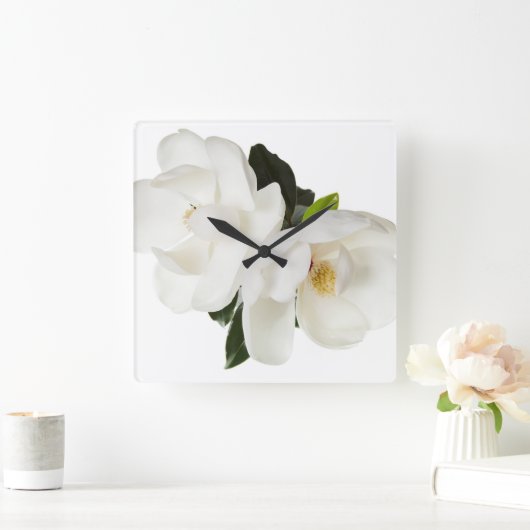 ホワイトマグノリアフラワーマグノリアフローラフラワーズ スクエア壁時計 (ホーム)