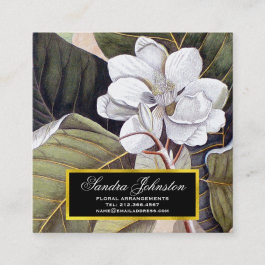 ホワイトマグノリアフラワーヴィンテージ植物学 スクエア名刺 (正面)