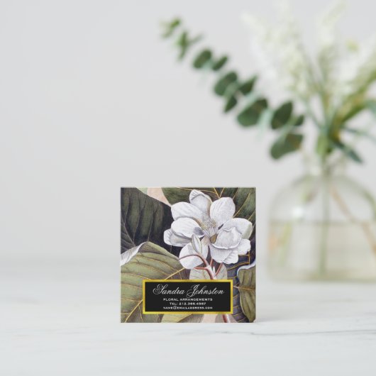 ホワイトマグノリアフラワーヴィンテージ植物学 スクエア名刺 (スタンド正面)