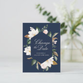 ホワイトマグノリアフローラネイビーブルー日付の変更 ポストカード (スタンド正面)