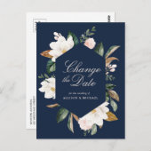 ホワイトマグノリアフローラネイビーブルー日付の変更 ポストカード (正面/裏面)