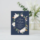 ホワイトマグノリアフローラネイビーブルー日付を保存 ポストカード (スタンド正面)