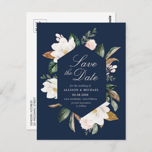 ホワイトマグノリアフローラネイビーブルー日付を保存 ポストカード (正面/裏面)