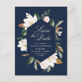 ホワイトマグノリアフローラネイビーブルー日付を保存 ポストカード (正面)