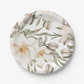 ホワイトマグノリアフローラブライダルシャワーグリーンリー ペーパープレート (正面)