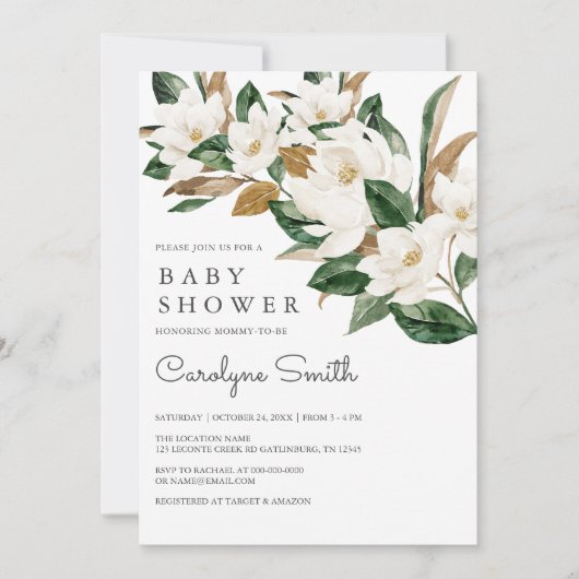 ホワイトマグノリアフローラベビーシャワー招待状 招待状 (正面)