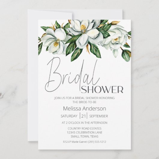 ホワイトマグノリアフローラ素朴ブライダルシャワー 招待状 (正面)