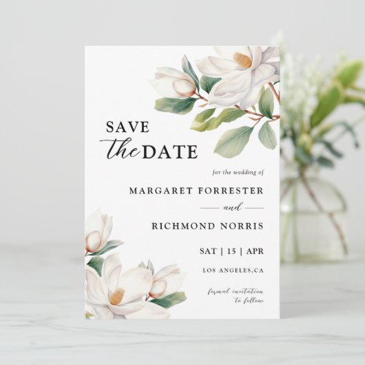 ホワイトマグノリアフローラ結婚式の日付を保存 招待状 (スタンド正面)