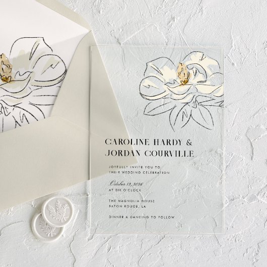 ホワイトマグノリアモダンイラストレーション結婚ズ アクリル招待状