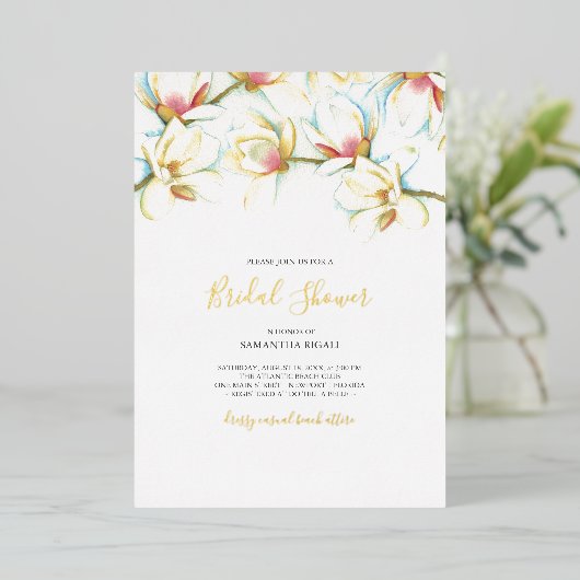 ホワイトマグノリア水彩花ブライダルシャワー 箔招待状 (立ち正面)