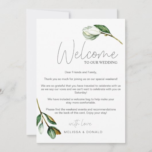 ホワイトマグノリア素朴ウェルカムレター&旅程 ノートカード (正面)