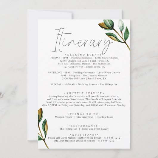 ホワイトマグノリア素朴ウェルカムレター&旅程 ノートカード (裏面)