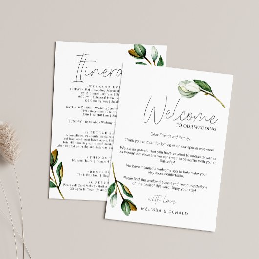 ホワイトマグノリア素朴ウェルカムレター&旅程 ノートカード