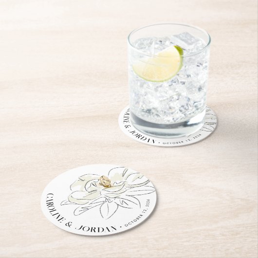 ホワイトマグノリア結婚イラストレーション名前をカスタムする ラウンドペーパーコースター (インサイチュ)