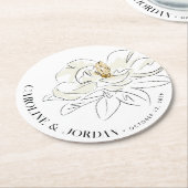 ホワイトマグノリア結婚イラストレーション名前をカスタムする ラウンドペーパーコースター (アングル)