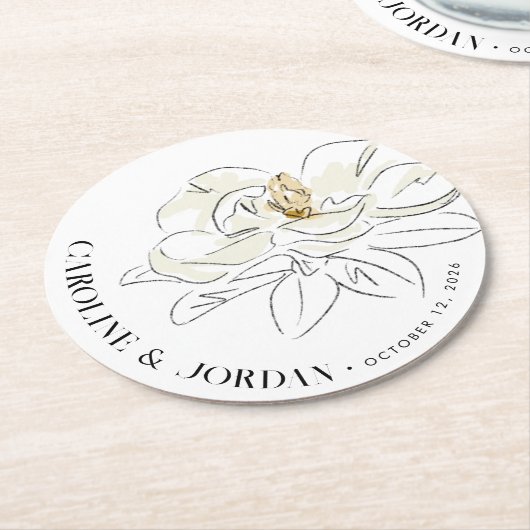 ホワイトマグノリア結婚イラストレーション名前をカスタムする ラウンドペーパーコースター (アングル)