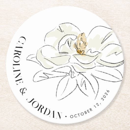 ホワイトマグノリア結婚イラストレーション名前をカスタムする ラウンドペーパーコースター (正面)