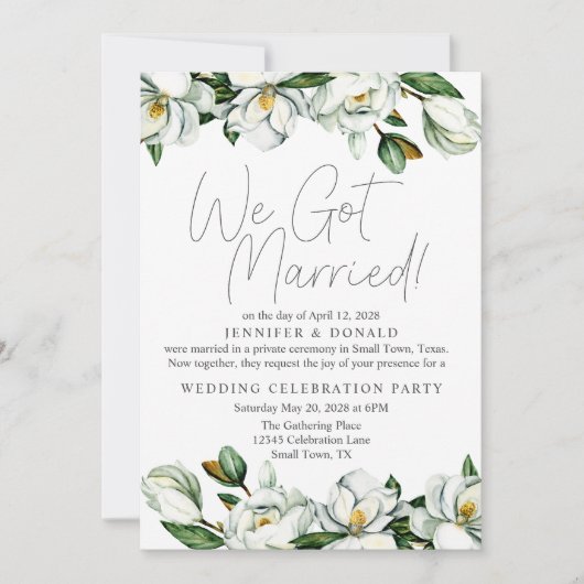 ホワイトマグノリア結婚フローラたった今結婚しました 招待状 (正面)