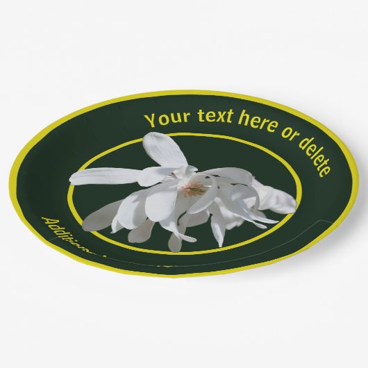 ホワイトマグノリア花自然パーソナライズされたパーティー ペーパープレート (アングル)