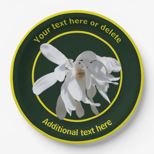 ホワイトマグノリア花自然パーソナライズされたパーティー ペーパープレート (正面)