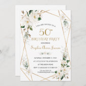 ホワイトマグノリア花金ゴールド50誕生日 招待状 (正面/裏面)