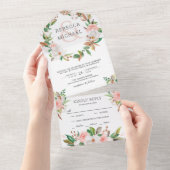 ホワイトマグノリア赤面ピンクフローラ結婚リース オールインワン招待状 (貼ってはがせる)