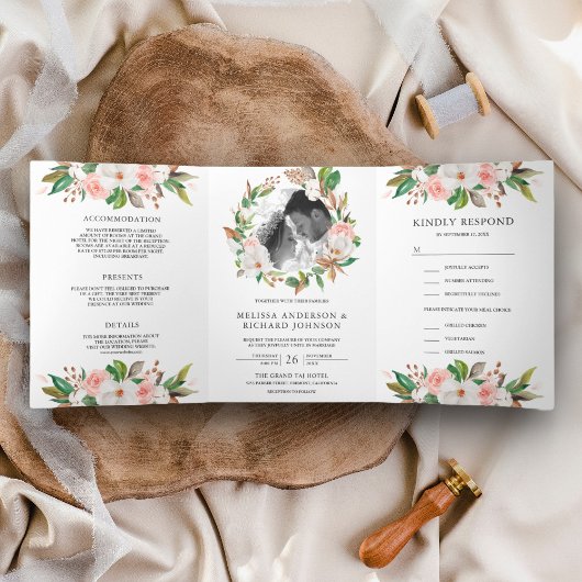 ホワイトマグノリア赤面ピンクフローラ結婚リース 三つ折り招待状