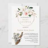 ホワイトマグノリア金ゴールドかわいいコアラ赤ちゃんシャワー 招待状 (正面)