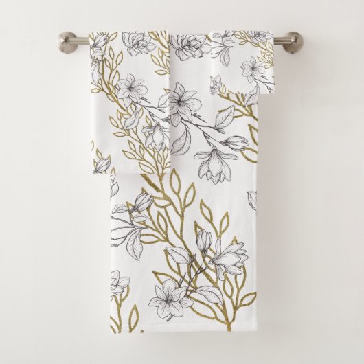 ホワイトマグノリア金ゴールドつる植物ホワイト バスタオルセット (インサイチュ)