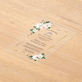 ホワイトマグノリア金ゴールドスペインのベビーシャワー アクリル招待状 (レイダウン)