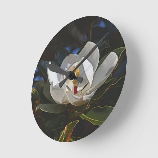 ホワイトマグノリア開花ウォールクロック ラウンド壁時計 (傾斜)