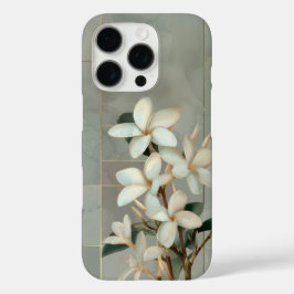 ホワイトマグノリア フラワー ゴールドライン マーブル iPhone 16 PROケース