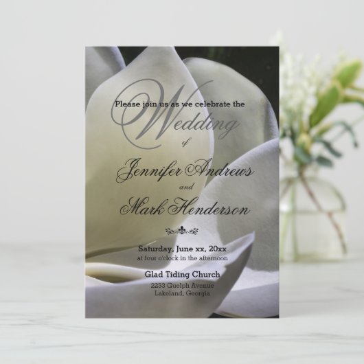 ホワイトマグノリア – 結婚式招待状 – 白黒 招待状 (スタンド正面)