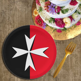 ホワイトマルチーズクロス&マルタ国旗の記号/騎士 ペーパープレート