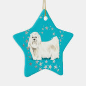 ホワイトマルチーズドッグシルバースターズティール（緑がかった色）クリスマス セラミックオーナメント (右)