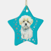ホワイトマルチーズドッグシルバースターズティール（緑がかった色）クリスマス セラミックオーナメント (右)