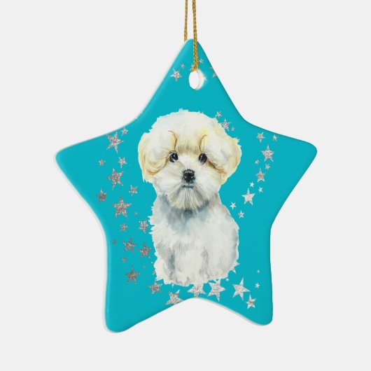ホワイトマルチーズドッグシルバースターズティール(緑がかった色)クリスマス セラミックオーナメント (右)