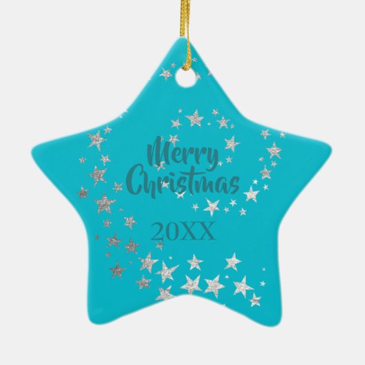 ホワイトマルチーズドッグシルバースターズティール（緑がかった色）クリスマス セラミックオーナメント (裏面)